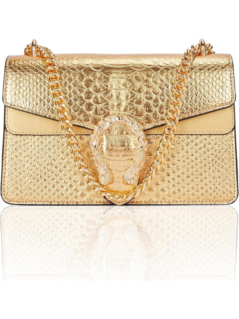Women's Bling Gold Leather Cross Body And Satchel Classic Snake Print Chain Bag
